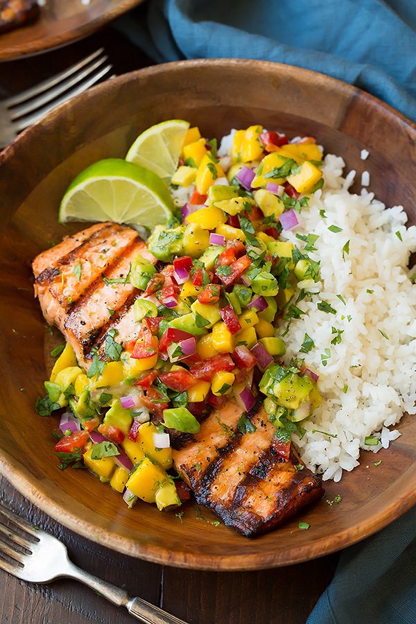 Healthy Grilled Salmon: Zesty Mango Avocado Salsa & Creamy Coconut Rice